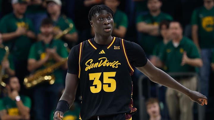 Feb 21, 2026; Waco, Texas, USA; Arizona State Sun Devils center Massamba Diop (35) reacts after a play against the Baylor Bears during the second half at Paul and Alejandra Foster Pavilion. Mandatory Credit: Chris Jones-Imagn Images