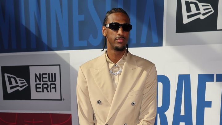 Jun 26, 2024; Brooklyn, NY, USA; Alex Sarr arrives before the first round of the 2024 NBA Draft at Barclays Center. Mandatory Credit: Brad Penner-USA TODAY Sports Jun 26, 2024; Brooklyn, NY, USA; Alex Sarr arrives before the first round of the 2024 NBA Draft at Barclays Center. Mandatory Credit: Brad Penner-USA TODAY Sports