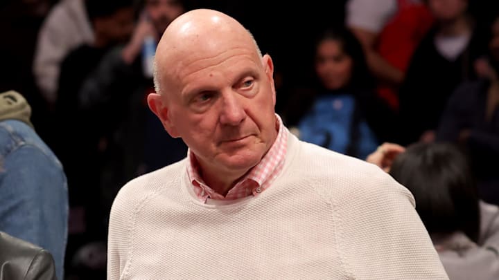 Mar 28, 2025; Brooklyn, New York, USA; Los Angeles Clippers owner Steve Ballmer leaves his court side seat after a game against the Brooklyn Nets at Barclays Center. Mandatory Credit: Brad Penner-Imagn Images