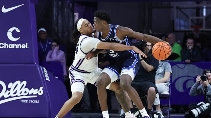 Jan 3, 2026; Manhattan, Kansas, USA; Brigham Young Cougars forward AJ Dybantsa (3) is guarded by Kansas State Wildcats guard Nate Johnson (34) during the second half at Bramlage Coliseum. Mandatory Credit: Scott Sewell-Imagn Images