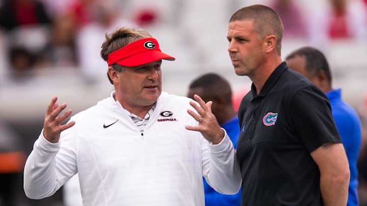 Georgia Bulldogs head coach Kirby Smart and Florida Gators head coach Billy Napier talk before the game at mid field at TIAA Bank Field in Jacksonville, FL on Saturday, October 29, 2022. [Doug Engle/Gainesville Sun]

Ncaa Football Florida Gators Vs Georgia Bulldogs