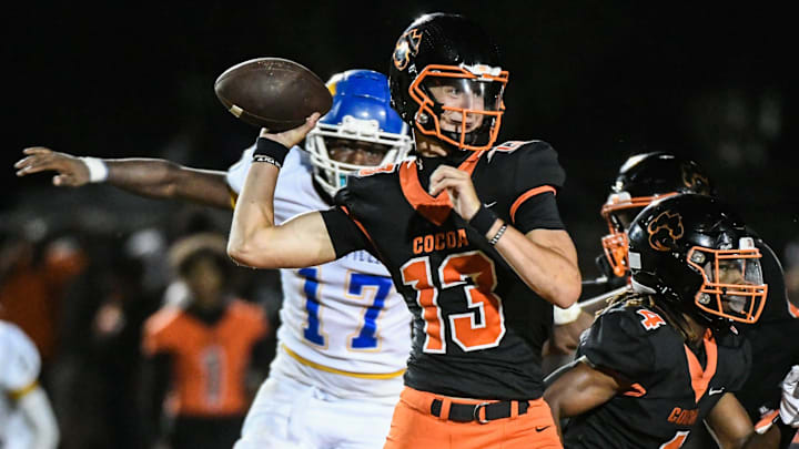 Brady Hart of the Cocoa Tigers passes the ball during the game against Titusville Friday, August 23, 2024. Craig Bailey/FLORIDA TODAY via USA TODAY NETWORK