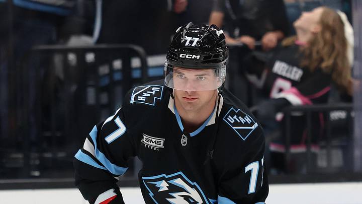 Apr 9, 2026; Salt Lake City, Utah, USA; Utah Mammoth right wing JJ Peterka (77) warms up before a game against the Nashville Predators at Delta Center. Mandatory Credit: Rob Gray-Imagn Images