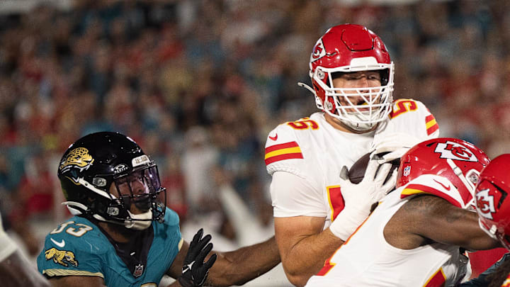 Kansas City Chiefs defensive end George Karlaftis (56) intercepts a fumble by Jacksonville Jaguars quarterback Trevor Lawrence (16) in the second quarter but fumbles during a Monday Night NFL football game at EverBank Stadium, Monday, Oct. 6, 2025, in Jacksonville, Fla. [Doug EngleFlorida Times-Union]