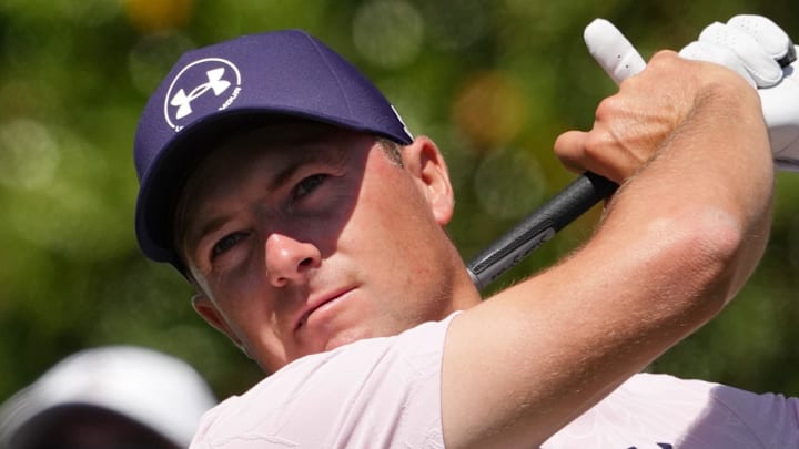 Apr 10, 2026; Augusta, Georgia, USA; Jordan Spieth tees off on the ninth hole during the second round of the Masters Tournament at Augusta National Golf Club. Mandatory Credit: Michael Madrid-Imagn Images
