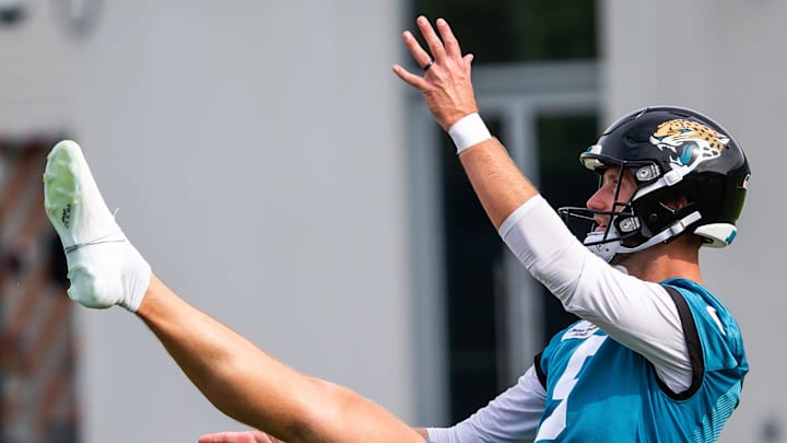 Jacksonville Jaguars punter Logan Cooke (9) punts during the Jacksonville Jaguars’ mandatory minicamp Tuesday June 10, 2025 at the Miller Electric Center in Jacksonville, Fla. [Doug Engle/Florida Times-Union]