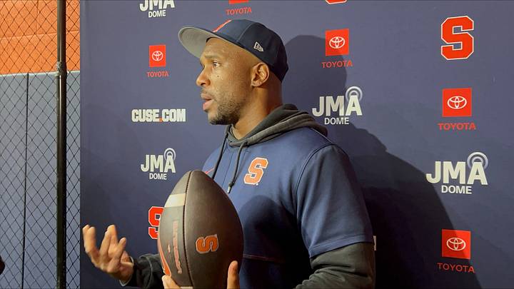 Aug 27, 2026; Syracuse, NY, USA; Syracuse nickels coach Marcus Walker addresses the media at Ensley Athletic Center. Aug 27, 2026; Syracuse, NY, USA; Syracuse nickels coach Marcus Walker addresses the media at Ensley Athletic Center.