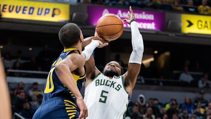 Jan 3, 2024; Indianapolis, Indiana, USA; Milwaukee Bucks guard Malik Beasley (5) shoots the ball