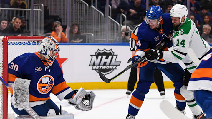 Jan 10, 2023; Elmont, New York, USA;  New York Islanders goaltender Ilya Sorokin (30) makes a glove