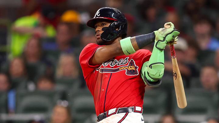 Jun 5, 2026; Atlanta, Georgia, USA; Atlanta Braves right fielder Ronald Acuna Jr. (13) hits a single against the Pittsburgh Pirates in the sixth inning at Truist Park. Mandatory Credit: Brett Davis-Imagn Images
