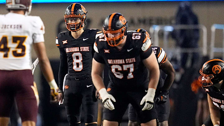 Oklahoma State Cowboys quarterback Maealiuaki Smith (8) lines up in the second half the college football game between the Oklahoma State Cowboys and the Arizona State Sun Devils at Boone Pickens Stadium in Stillwater, Okla., Saturday, Nov., 2, 2024.
