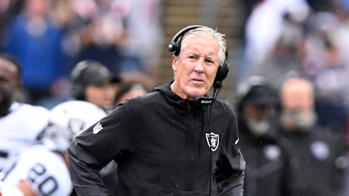 Sep 7, 2025; Foxborough, Massachusetts, USA; Las Vegas Raiders head coach Pete Carroll  during the first half at Gillette Stadium. Mandatory Credit: Brian Fluharty-Imagn Images