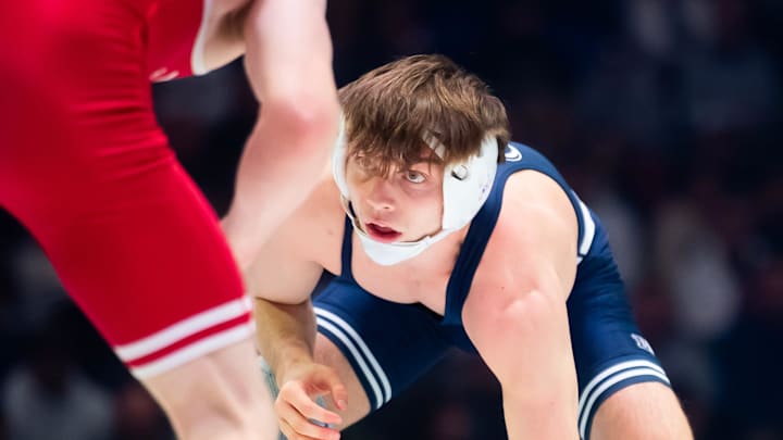 Penn State Nittany Lions wrestler Marcus Blaze competes against the Nebraska Cornhuskers' Jacob Van Dee in a Big Ten dual meet. 
