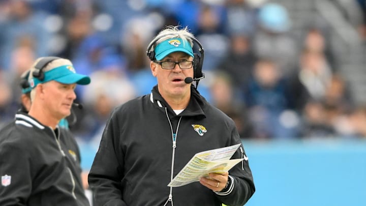 Dec 8, 2024; Nashville, Tennessee, USA; Jacksonville Jaguars head coach Doug Pederson watches fro the sideline against the Tennessee Titans during the second half at Nissan Stadium. Mandatory Credit: Steve Roberts-Imagn Images Dec 8, 2024; Nashville, Tennessee, USA; Jacksonville Jaguars head coach Doug Pederson watches fro the sideline against the Tennessee Titans during the second half at Nissan Stadium. Mandatory Credit: Steve Roberts-Imagn Images