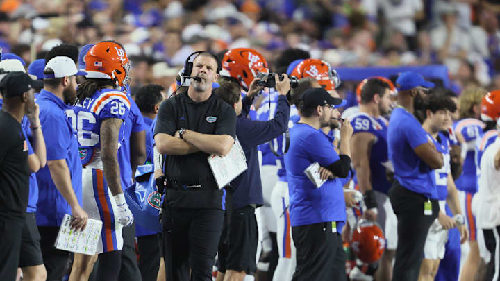 Florida head coach Billy Napier watches during the second half an NCAA football game at Steve Spurrier Field at Ben Hill Griffin Stadium in Gainesville, FL on Saturday, October 18, 2025. [Alan Youngblood/Gainesville Sun]