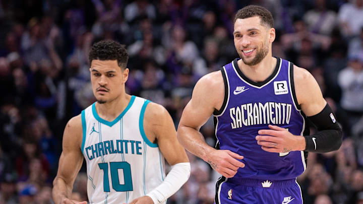 Feb 24, 2025; Sacramento, California, USA; Sacramento Kings guard Zach LaVine (8) reacts after scoring against the Charlotte Hornets during the fourth quarter at Golden 1 Center. Mandatory Credit: Ed Szczepanski-Imagn Images Feb 24, 2025; Sacramento, California, USA; Sacramento Kings guard Zach LaVine (8) reacts after scoring against the Charlotte Hornets during the fourth quarter at Golden 1 Center. Mandatory Credit: Ed Szczepanski-Imagn Images