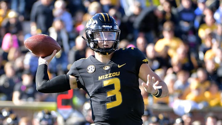 Oct 27, 2018; Columbia, MO, USA; Missouri Tigers quarterback Drew Lock (3) throws a pass during the first half against the Kentucky Wildcats at Memorial Stadium/Faurot Field. Mandatory Credit: Denny Medley-Imagn Images
