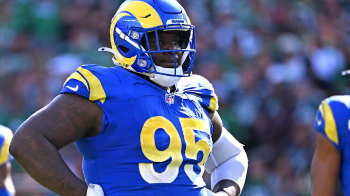 Sep 21, 2025; Philadelphia, Pennsylvania, USA; Los Angeles Rams defensive tackle Poona Ford (95) against the Philadelphia Eagles at Lincoln Financial Field. Mandatory Credit: Eric Hartline-Imagn Images
