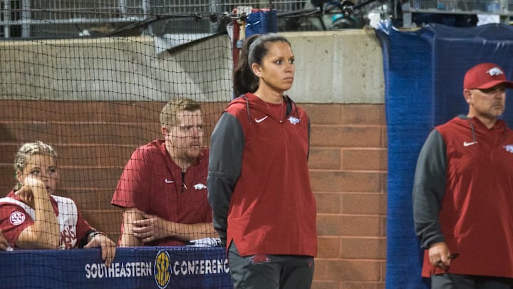 May 11, 2023; Fayetteville, AK, USA;  Arkansas Razorbacks head coach Courtney Deifel looks on during a quarterfinal game against the Alabama Crimson Tide in the SEC Softball Tournament. Mandatory Credit: Brett Rojo-Imagn Images