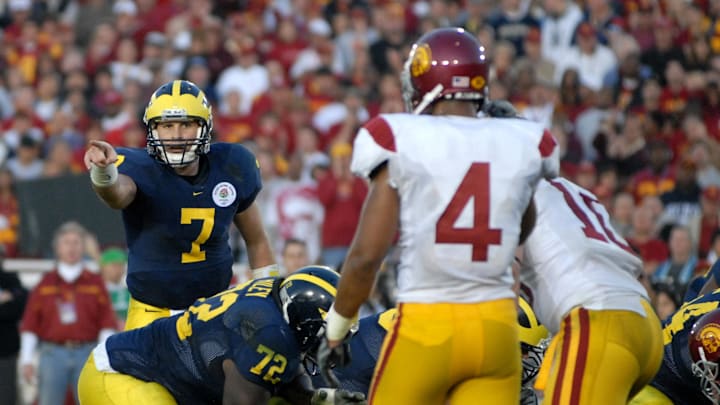 Jan 1, 2007; Pasadena, CA, USA; Michigan Wolverines quarterback (7) Chad Henne calls a play against the Southern California Trojans in the third quarter during the Rose Bowl game at the Rose Bowl in Pasadena, California. Southern California defeated Michigan 32-18. Mandatory Credit: Mark J. Rebilas-Imagn Images Copyright © 2007 Mark J. Rebilas