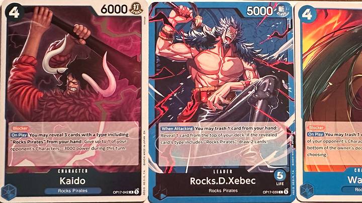 Image of One Piece Trading Card Game cards from The World's Strongest Warriors Set (OP-17) English Version 4th Anniversary. Including Kaido (OP17-042); Rocks.D.Xebec (OP17-039); and Wang Zhi (OP17-041) Image of One Piece Trading Card Game cards from The World's Strongest Warriors Set (OP-17) English Version 4th Anniversary. Including Kaido (OP17-042); Rocks.D.Xebec (OP17-039); and Wang Zhi (OP17-041)
