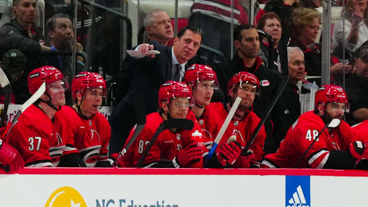 Mar 28, 2024; Raleigh, North Carolina, USA;  Carolina Hurricanes head coach Rod Brind’Amour talks to