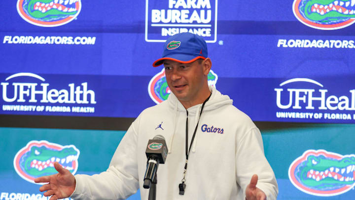 Florida head coach Jon Sumrall speaks after spring practice at Sanders Practice Fields in Gainesville, FL on Tuesday, April 7, 2026. [Alan Youngblood/Gainesville Sun]