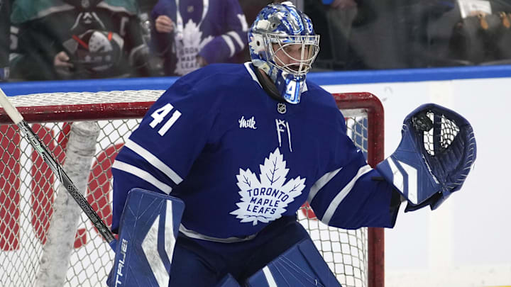 Dec 12, 2024; Toronto, Ontario, CAN; Toronto Maple Leafs goaltender Anthony Stolarz (41) makes a glove save during warmup before a game against the Anaheim Ducks at Scotiabank Arena. Mandatory Credit: John E. Sokolowski-Imagn Images Dec 12, 2024; Toronto, Ontario, CAN; Toronto Maple Leafs goaltender Anthony Stolarz (41) makes a glove save during warmup before a game against the Anaheim Ducks at Scotiabank Arena. Mandatory Credit: John E. Sokolowski-Imagn Images