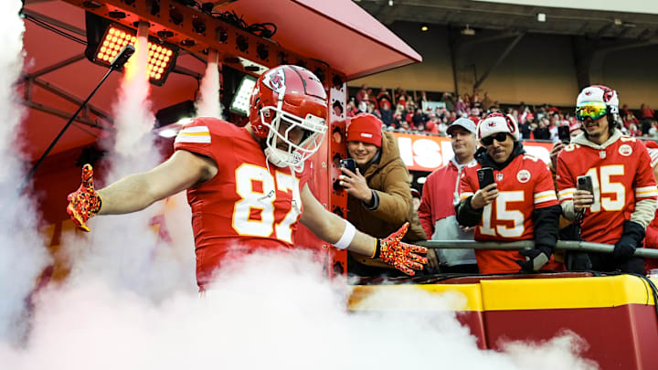 Nov 29, 2024; Kansas City, Missouri, USA; Kansas City Chiefs tight end Travis Kelce (87) takes the field prior to a game against the Las Vegas Raiders at GEHA Field at Arrowhead Stadium. Mandatory Credit: Jay Biggerstaff-Imagn Images