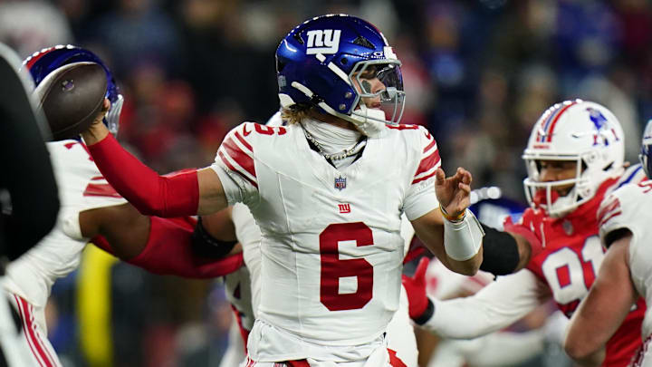 Dec 1, 2025; Foxborough, Massachusetts, USA; New York Giants quarterback Jaxson Dart (6) throws a pass during the second quarter against the New England Patriots at Gillette Stadium.  