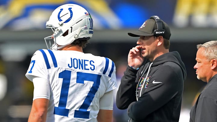 Oct 19, 2025; Inglewood, California, USA; Indianapolis Colts quarterback Daniel Jones (17) talks with head coach Shane Steichen during a stoppage in play in the first half against the Los Angeles Chargers at SoFi Stadium. Oct 19, 2025; Inglewood, California, USA; Indianapolis Colts quarterback Daniel Jones (17) talks with head coach Shane Steichen during a stoppage in play in the first half against the Los Angeles Chargers at SoFi Stadium.