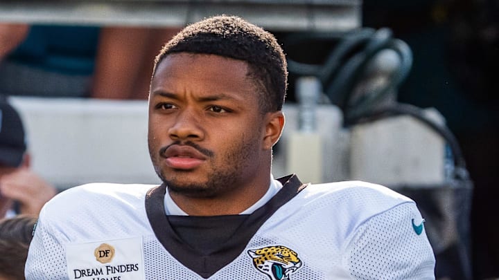Jacksonville Jaguars cornerback Tyson Campbell (3) walks out of the tunnel during Helmet Walk before an NFL scrimmage at EverBank Stadium Friday August 1, 2025, in Jacksonville, Fla.