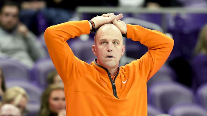 Feb 12, 2025; Fort Worth, Texas, USA; Oklahoma State Cowboys head coach Steve Lutz reacts during the second half against the TCU Horned Frogs at Ed and Rae Schollmaier Arena. Mandatory Credit: Kevin Jairaj-Imagn Images Feb 12, 2025; Fort Worth, Texas, USA; Oklahoma State Cowboys head coach Steve Lutz reacts during the second half against the TCU Horned Frogs at Ed and Rae Schollmaier Arena. Mandatory Credit: Kevin Jairaj-Imagn Images