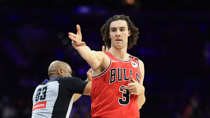 Feb 24, 2025; Philadelphia, Pennsylvania, USA; Chicago Bulls guard Josh Giddey (3) reacts after his three pointer against the Philadelphia 76ers during the fourth quarter at Wells Fargo Center. Mandatory Credit: Bill Streicher-Imagn Images