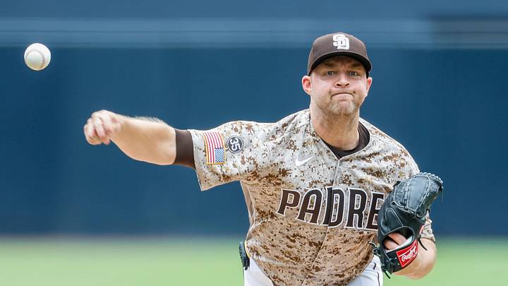May 24, 2026; San Diego, California, USA; San Diego Padres starting pitcher Michael King (34) throws a pitch during the first inning against the Athletics at Petco Park. Mandatory Credit: David Frerker-Imagn Images