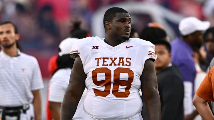 Oct 21, 2023; Houston, Texas, USA; Texas Longhorns defensive lineman Trill Carter (98) walks on the