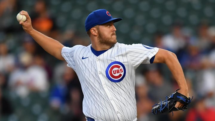 Aug 21, 2024; Chicago, Illinois, USA; Chicago Cubs starting pitcher Jameson Taillon (50) pitches during the first inning against the Detroit Tigers at Wrigley Field. Mandatory Credit: Patrick Gorski-Imagn Images
