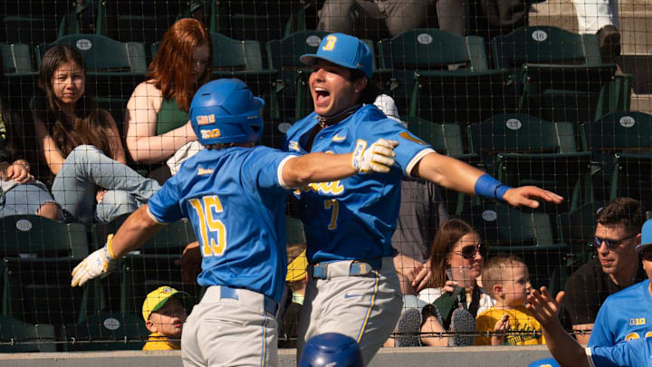 UCLA players celebrates as they break out the bats in the 7th inning to defeat the Oregon Ducks at PK Park in Eugene April 19, 2025