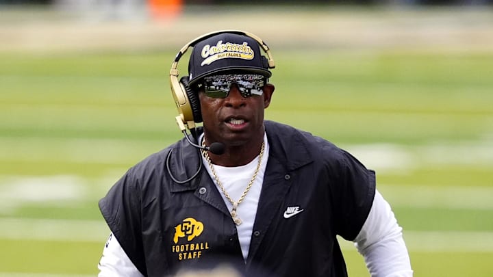 Aug 29, 2025; Boulder, Colorado, USA; Colorado Buffaloes head coach Deion Sanders during the first quarter against the Georgia Tech Yellow Jackets at Folsom Field. Mandatory Credit: Ron Chenoy-Imagn Images Aug 29, 2025; Boulder, Colorado, USA; Colorado Buffaloes head coach Deion Sanders during the first quarter against the Georgia Tech Yellow Jackets at Folsom Field. Mandatory Credit: Ron Chenoy-Imagn Images