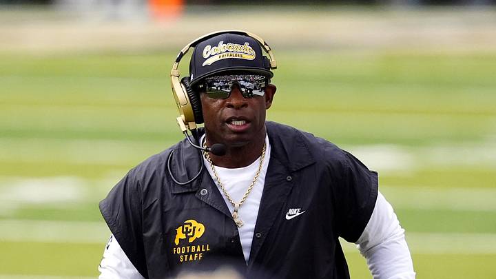 Aug 29, 2025; Boulder, Colorado, USA; Colorado Buffaloes head coach Deion Sanders during the first quarter against the Georgia Tech Yellow Jackets at Folsom Field. Mandatory Credit: Ron Chenoy-Imagn Images