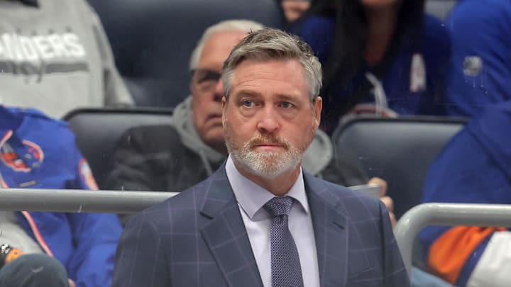 Oct 21, 2025; Elmont, New York, USA; New York Islanders head coach Patrick Roy coaches against the San Jose Sharks during the first period at UBS Arena. Mandatory Credit: Brad Penner-Imagn Images