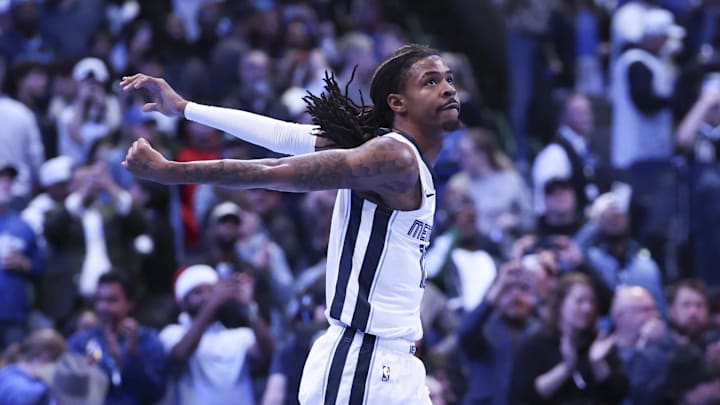 Dec 3, 2024; Dallas, Texas, USA;  Memphis Grizzlies guard Ja Morant (12) reacts after the game against the Dallas Mavericks at American Airlines Center. 