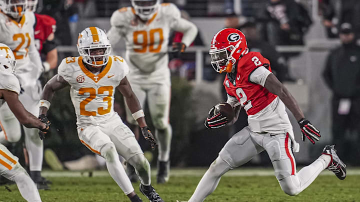 Nov 16, 2024; Athens, Georgia, USA; Georgia Bulldogs wide receiver Nitro Tuggle (2) runs after a catch against the Tennessee Volunteers during the second half at Sanford Stadium. Mandatory Credit: Dale Zanine-Imagn Images