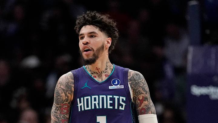 Mar 17, 2026; Charlotte, North Carolina, USA; Charlotte Hornets guard LaMelo Ball (1) reacts to his three point play during the second half against the Miami Heat at Spectrum Center. Mandatory Credit: Jim Dedmon-Imagn Images