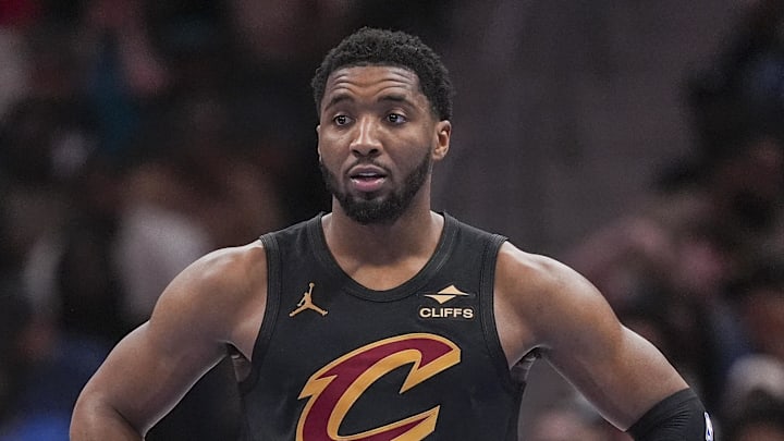 Feb 20, 2026; Charlotte, North Carolina, USA; Cleveland Cavaliers guard Donovan Mitchell (45) during the second half against the Charlotte Hornets at the Spectrum Center. Mandatory Credit: Jim Dedmon-Imagn Images