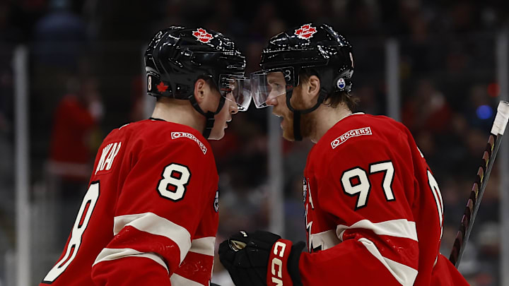Feb 20, 2025; Boston, MA, USA; [Imagn Images direct customers only] Team Canada forward Connor McDavid (97) talks with defenseman Cale Makar (8) during the 4 Nations Face-Off ice hockey championship game against the United States at TD Garden. Mandatory Credit: Winslow Townson-Imagn Images