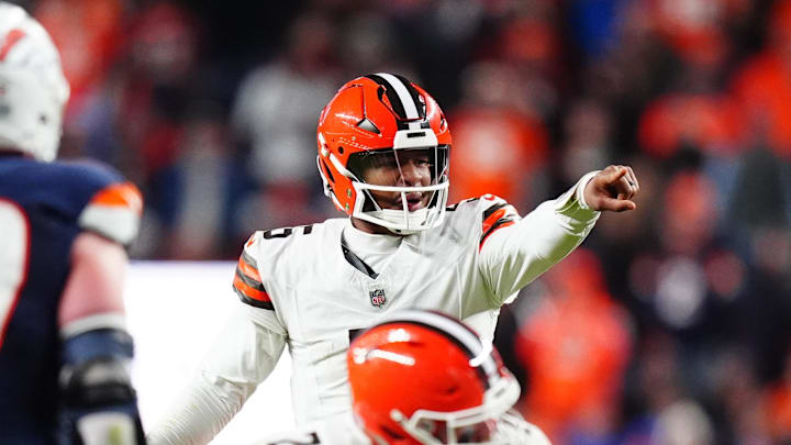 Dec 2, 2024; Denver, Colorado, USA; Cleveland Browns quarterback Jameis Winston (5) calls out in the second quarter against the Denver Broncos at Empower Field at Mile High. Mandatory Credit: Ron Chenoy-Imagn Images