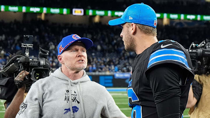 Buffalo Bills head coach Sean McDermott talks to Detroit Lions quarterback Jared Goff (16) after victory at Ford Field