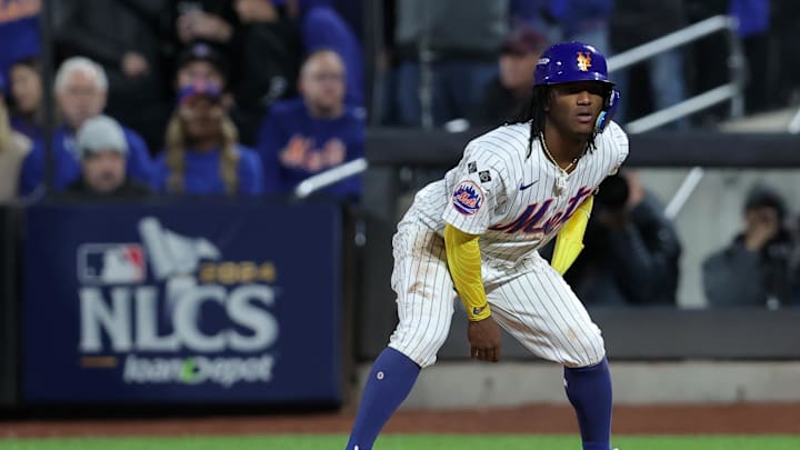 New York Mets pinch runner Luisangel Acuna (2) leads off first base during the eighth inning of game five of the NLCS against the Los Angeles Dodgers during the 2024 MLB playoffs at Citi Field on Oct 18. New York Mets pinch runner Luisangel Acuna (2) leads off first base during the eighth inning of game five of the NLCS against the Los Angeles Dodgers during the 2024 MLB playoffs at Citi Field on Oct 18.