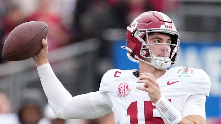 Jan 1, 2026; Pasadena, CA, USA; Alabama Crimson Tide quarterback Ty Simpson (15) passes against the Indiana Hoosiers in the first half of the 2026 Rose Bowl and quarterfinal game of the College Football Playoff at Rose Bowl Stadium. Mandatory Credit: Kirby Lee-Imagn Images Jan 1, 2026; Pasadena, CA, USA; Alabama Crimson Tide quarterback Ty Simpson (15) passes against the Indiana Hoosiers in the first half of the 2026 Rose Bowl and quarterfinal game of the College Football Playoff at Rose Bowl Stadium. Mandatory Credit: Kirby Lee-Imagn Images